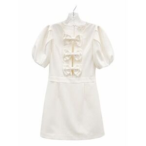 Mable White Bow Front Puff Sleeve Mini Dress Size Medium Ivory Coquette Bridal